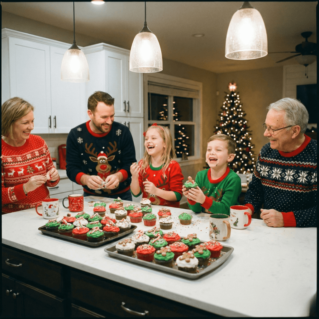 Family decorating Christmas cupcakes together in a cozy kitchen during the holidays