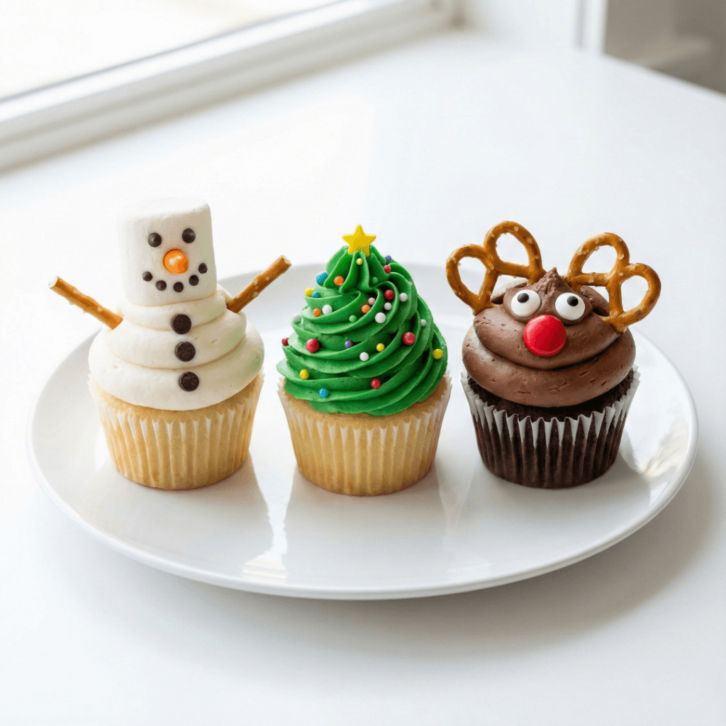Three classic Christmas cupcake designs including snowman, Christmas tree and reindeer cupcakes