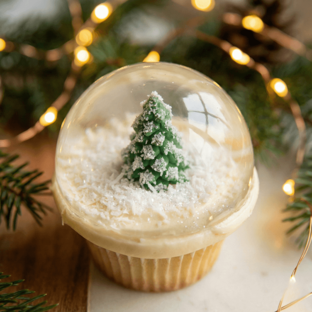 Close-up of a magical snow globe cupcake with clear dome covering a winter scene with Christmas tree and edible snow