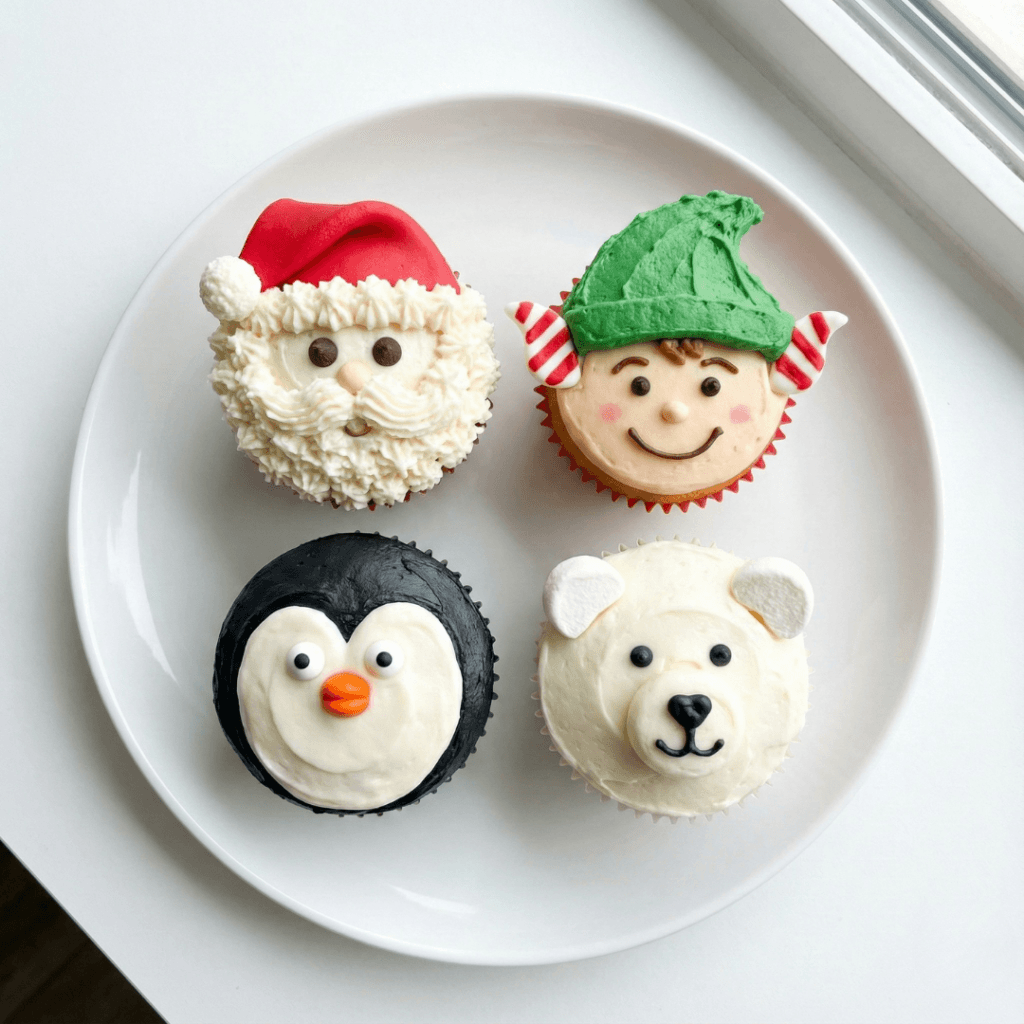 Four festive character cupcakes including Santa, elf, penguin and polar bear designs for Christmas parties