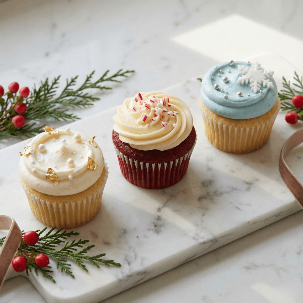 Three elegant Christmas cupcakes with white and gold, red velvet peppermint, and silver blue winter wonderland designs
