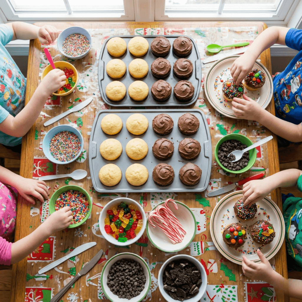 Kids decorating easy Christmas cupcakes at a simple decorating station with sprinkles and candy toppings