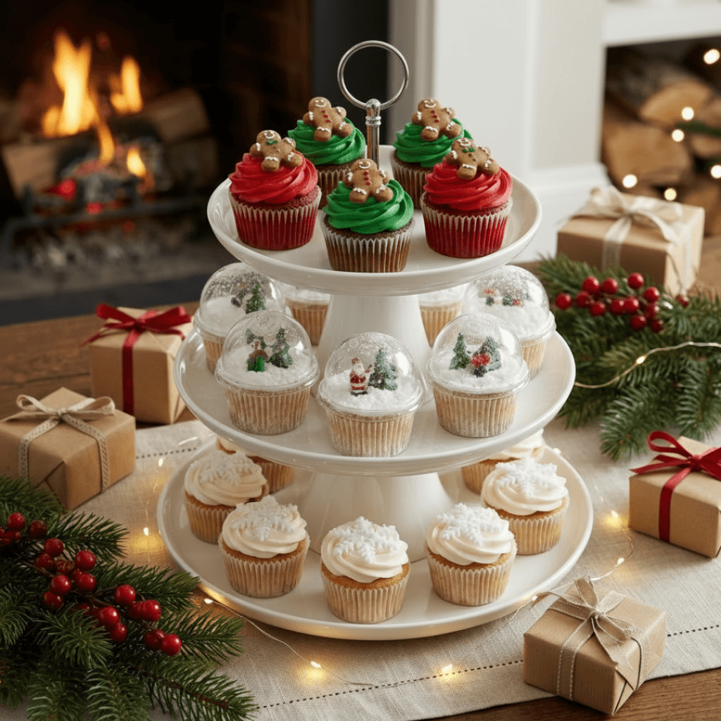 Beautifully displayed Christmas cupcakes on a tiered stand with festive decorations on a holiday dessert table