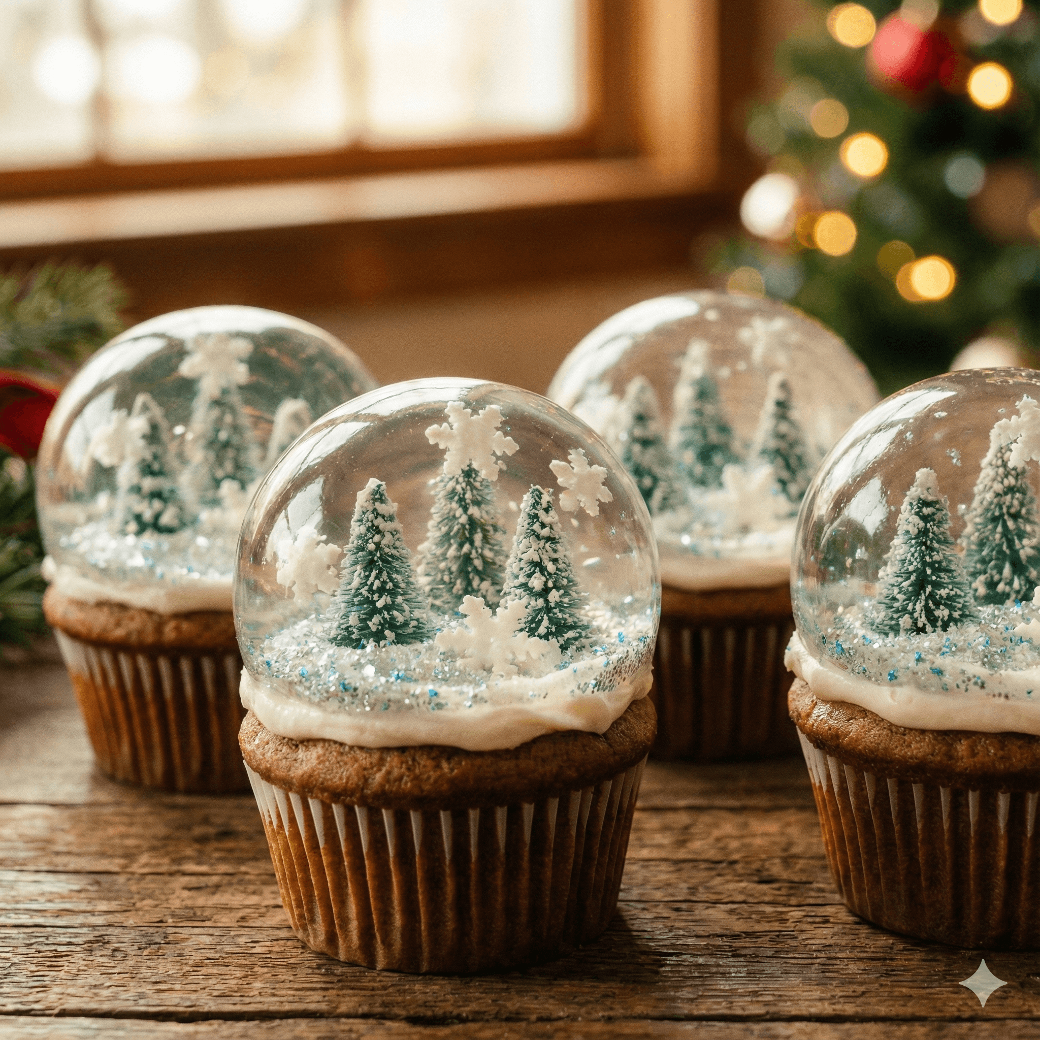 Christmas snow globe gelatin cupcakes with clear domes showing tiny snowy scenes, edible glitter and holiday decorations on a wooden festive table