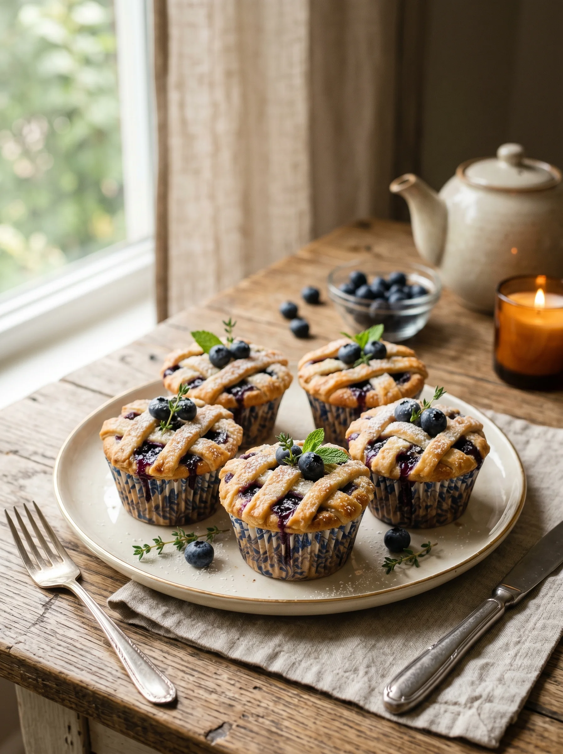 Blueberry Pie Cupcakes served on a wooden board with fresh blueberries