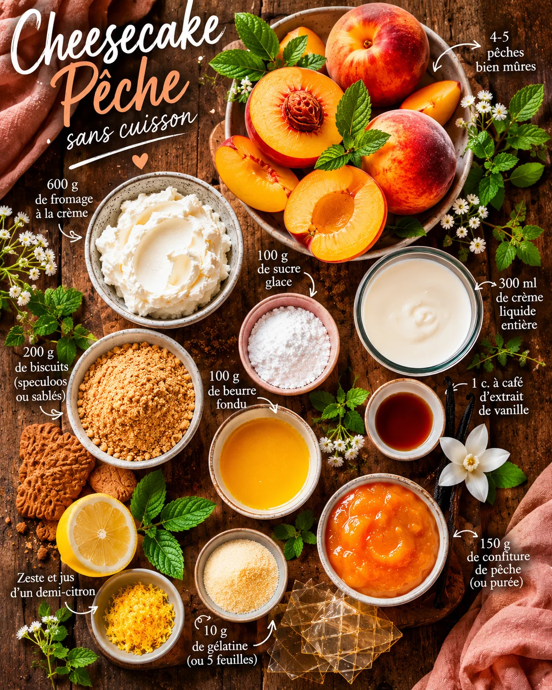 Cheesecake Pêche sans cuisson ingredients laid out on a rustic wooden table