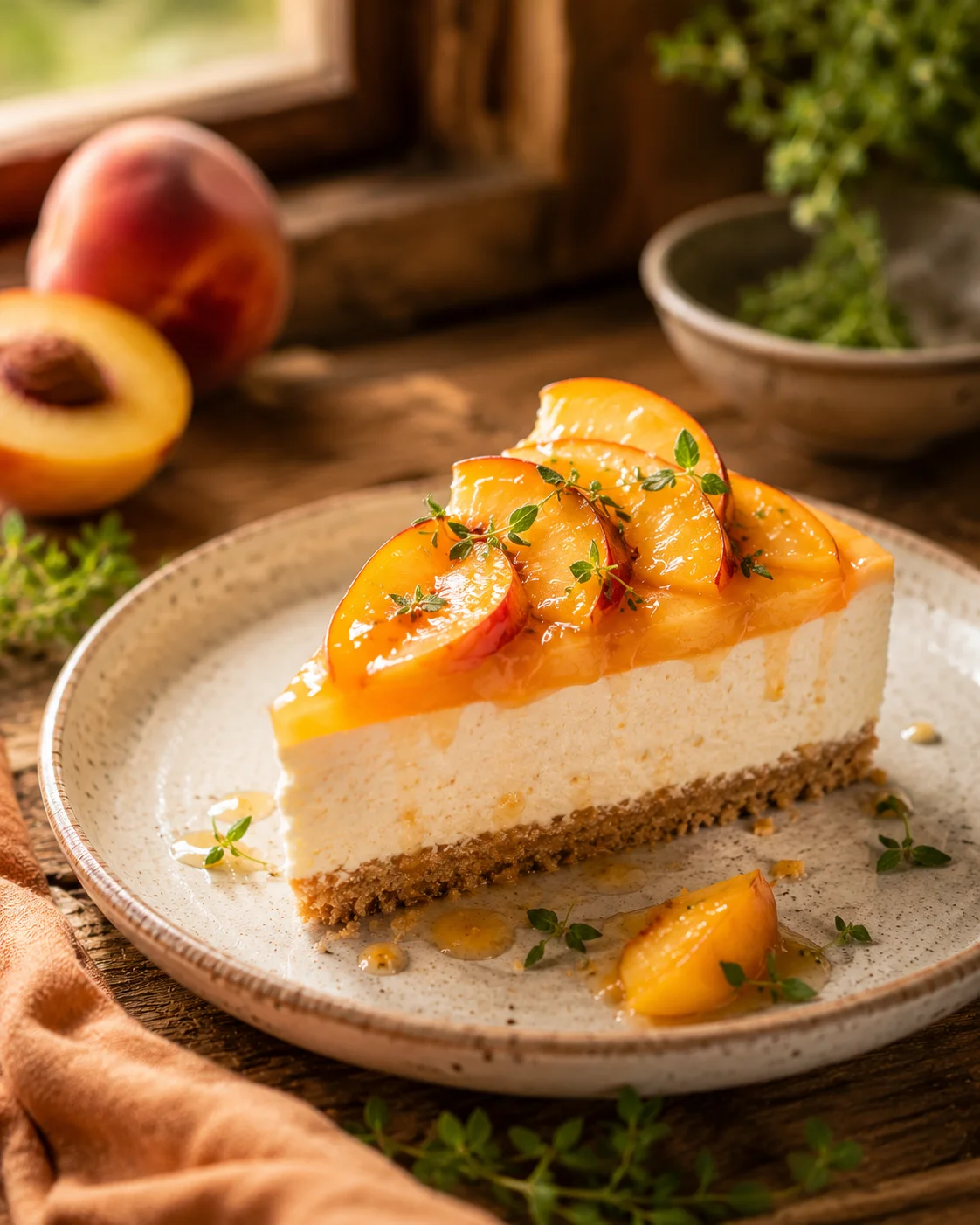 Cheesecake Pêche sans cuisson served on a white plate with fresh peach slices and mint garnish