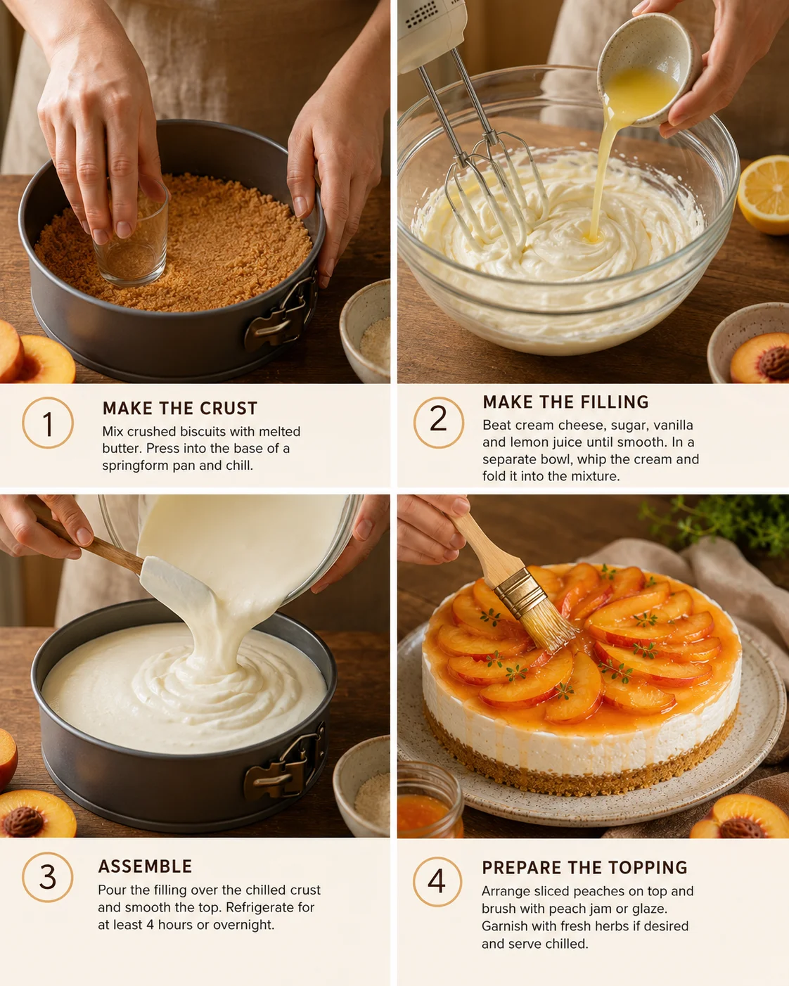 Cheesecake Pêche sans cuisson step by step preparation showing peach slicing and crust pressing