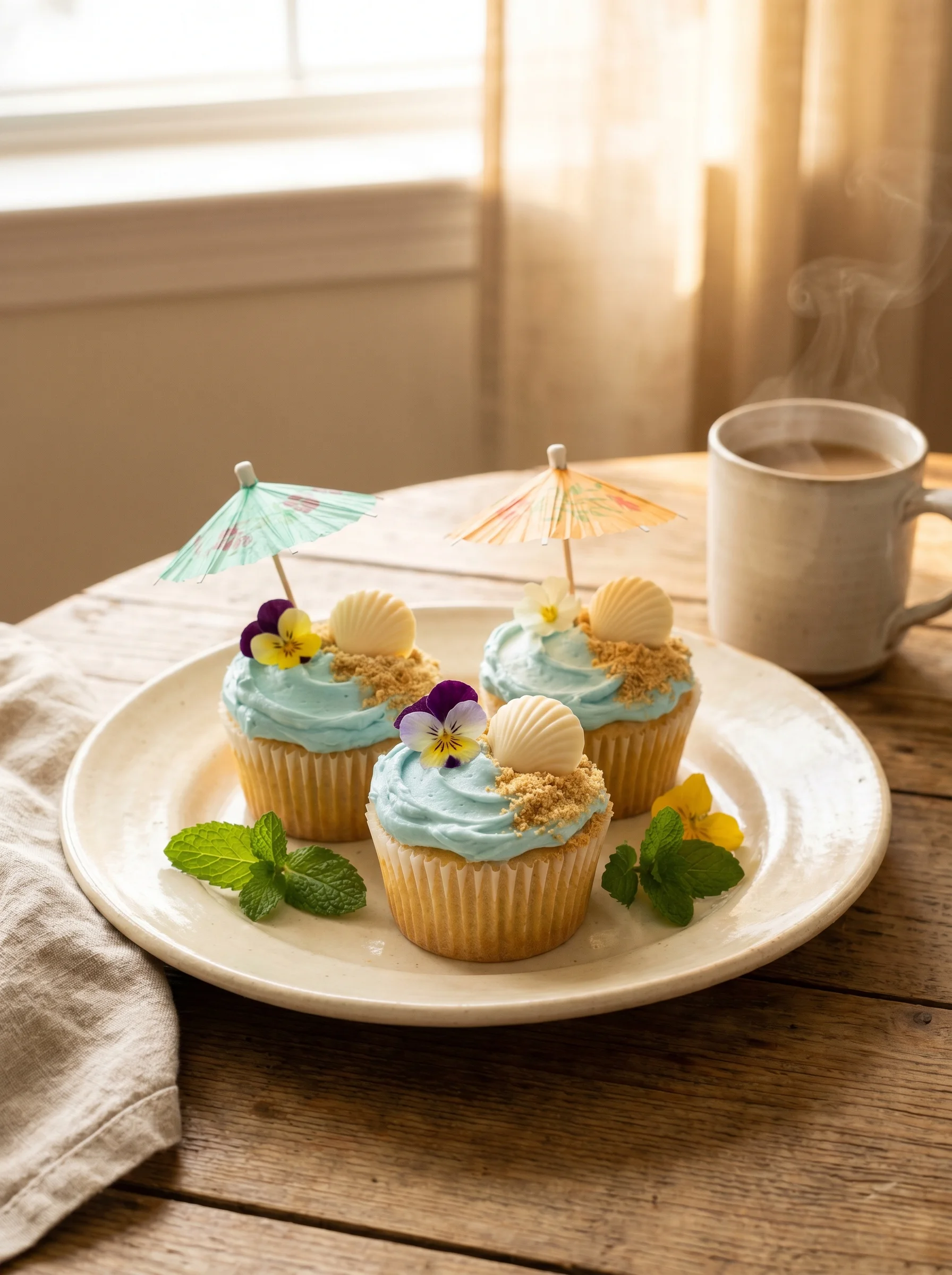 DIY Beach Cupcakes served on a wooden tray at a summer party