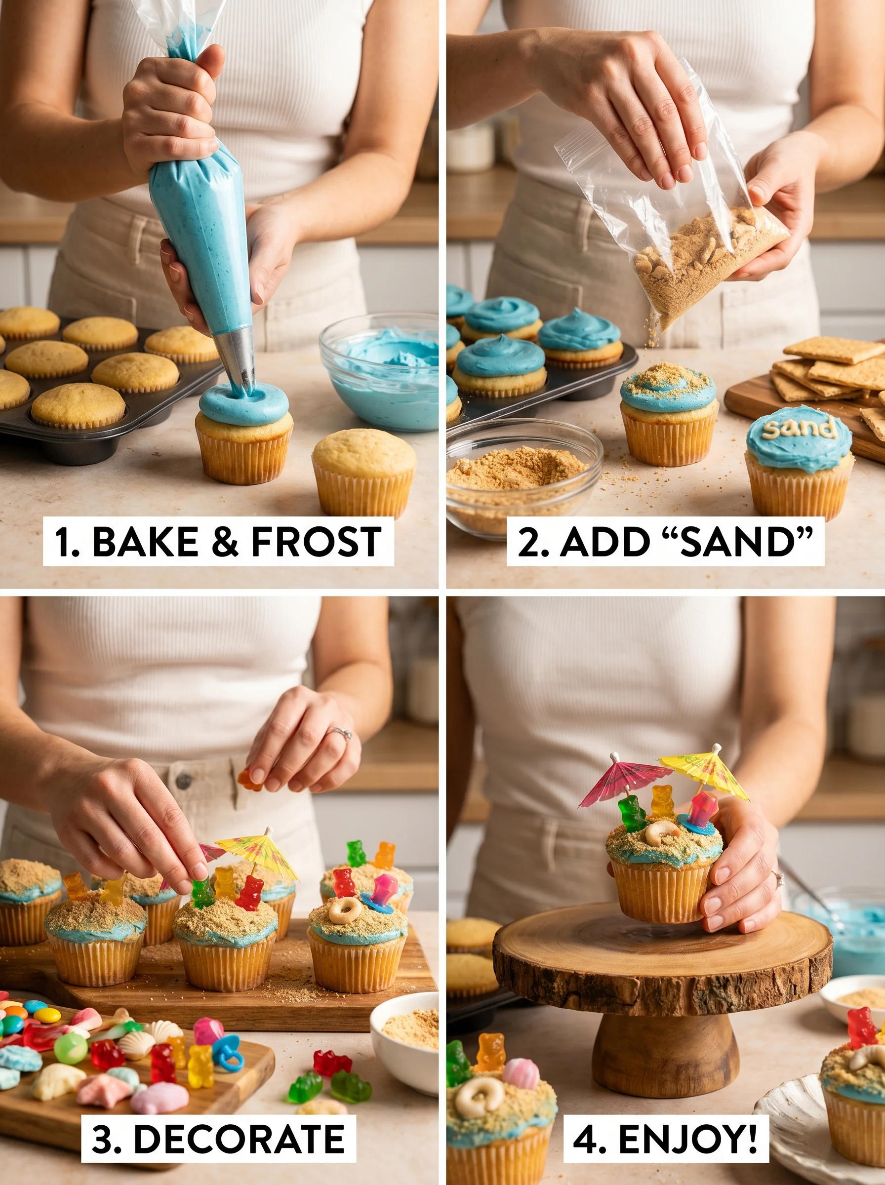 DIY Beach Cupcakes step by step decorating process