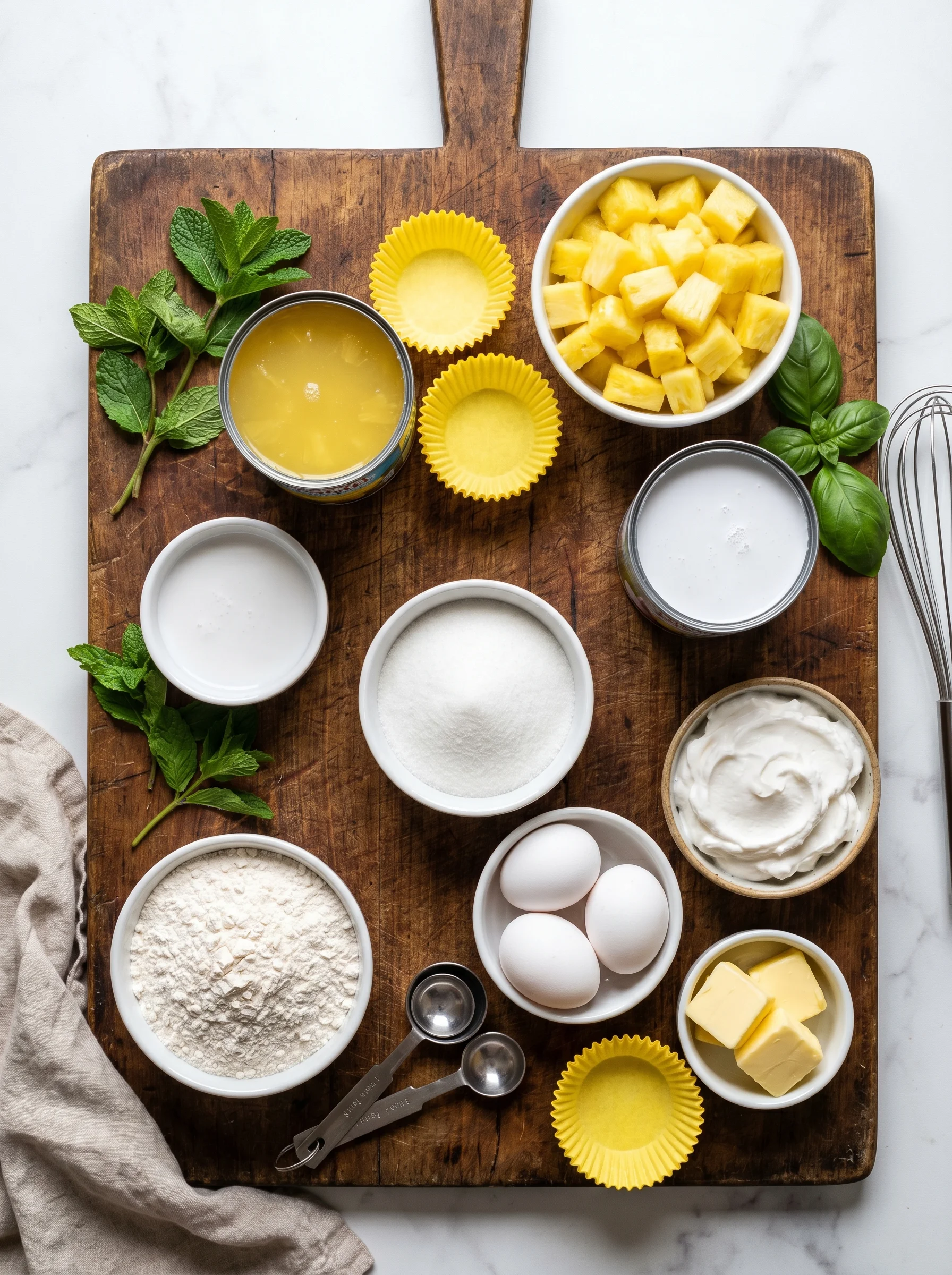 Dole Whip Cupcakes ingredients laid out on a kitchen counter with pineapple juice, coconut milk, and crushed pineapple
