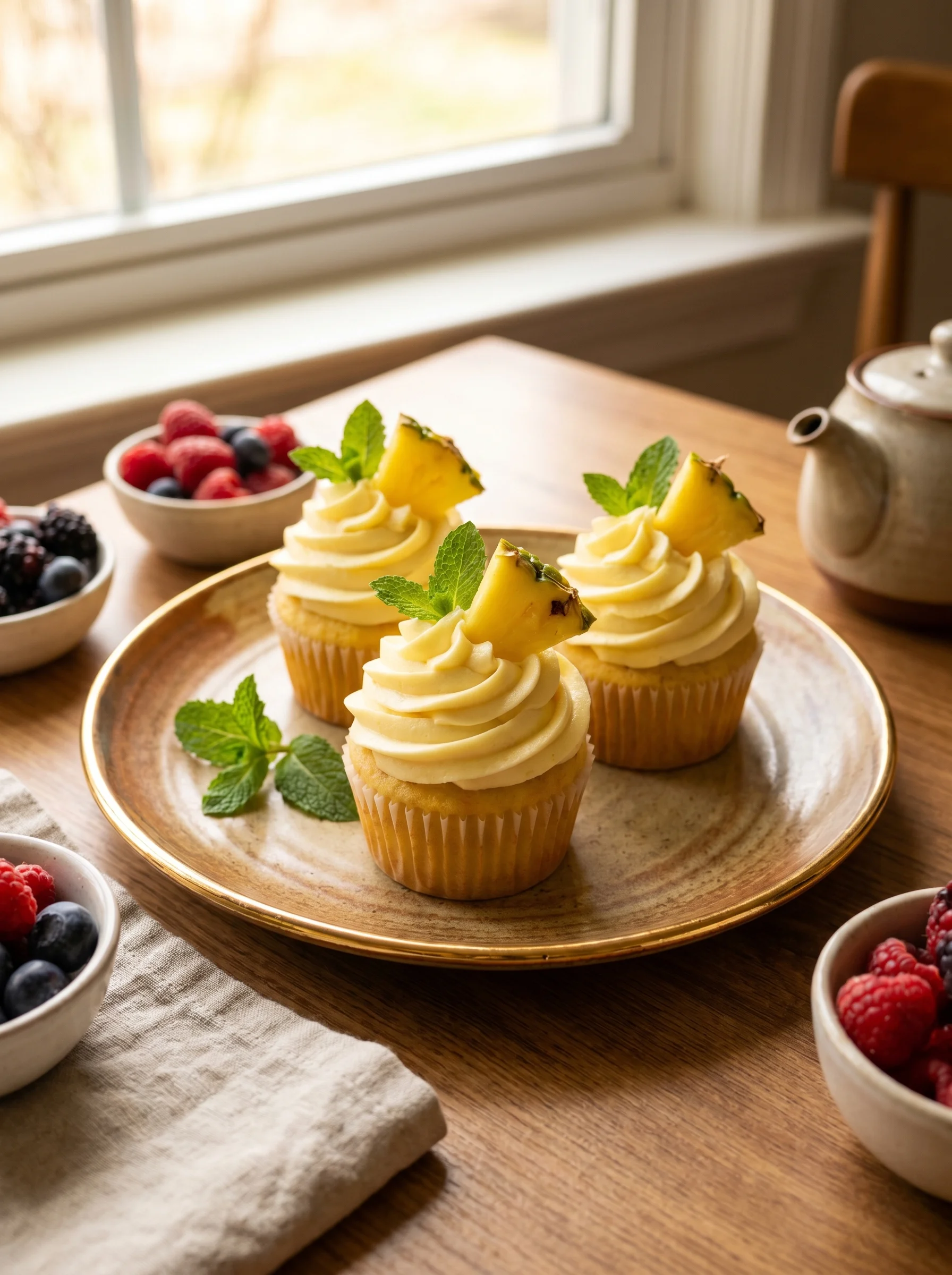Dole Whip Cupcakes served on a tropical themed party table with pineapple decorations