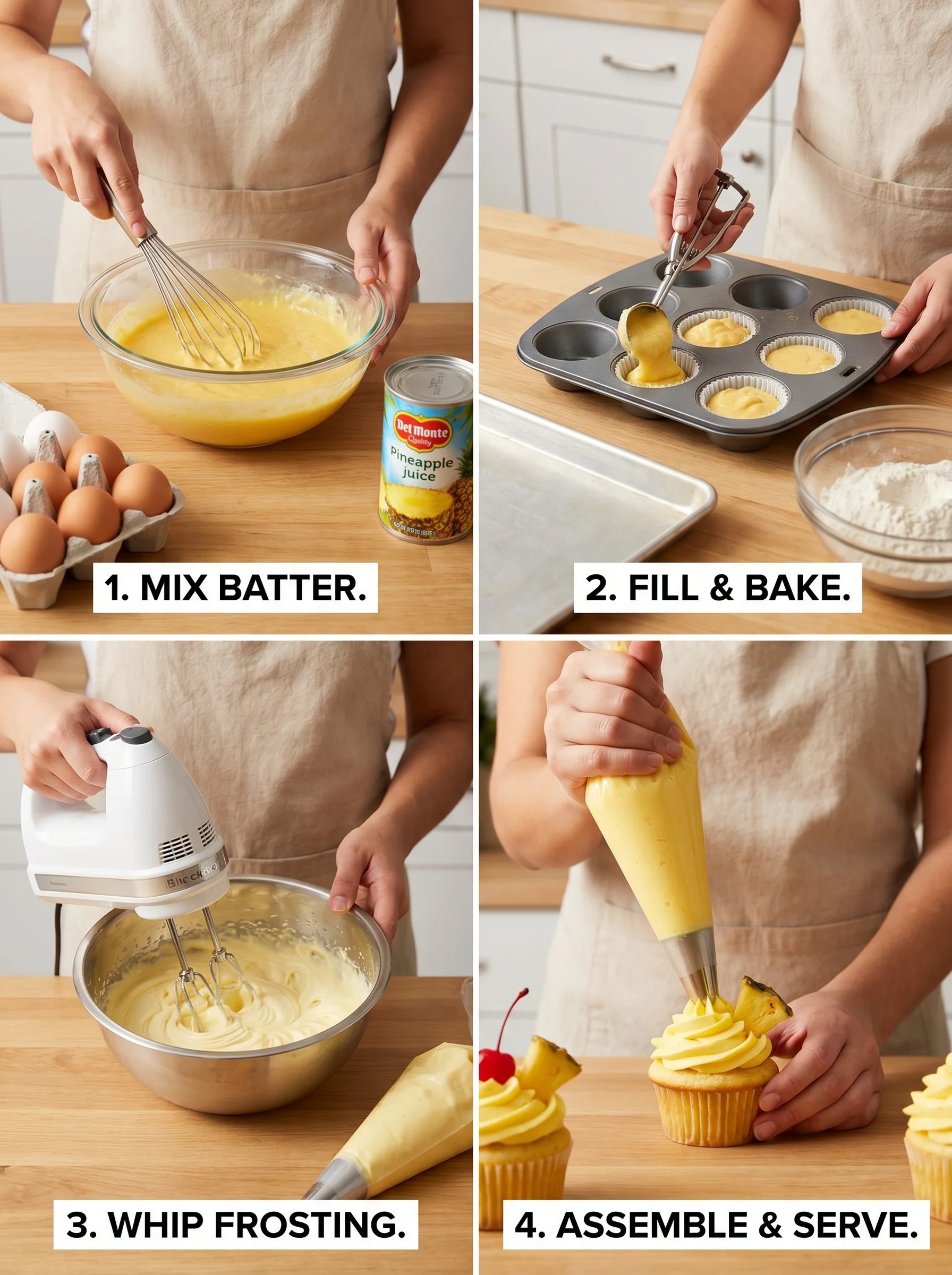 Dole Whip Cupcakes step by step process showing batter mixing and frosting piping