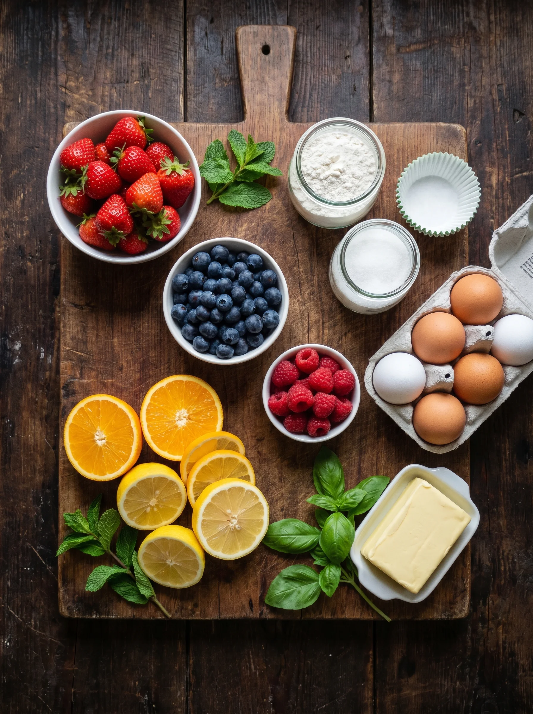 Fruit Cupcakes ingredients laid out on a wooden kitchen counter