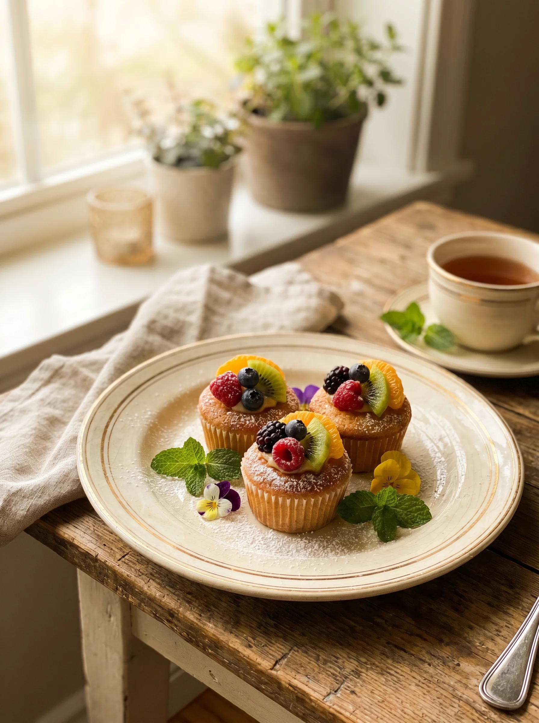 Fruit Cupcakes served on a rustic wooden board with seasonal fresh fruit garnish