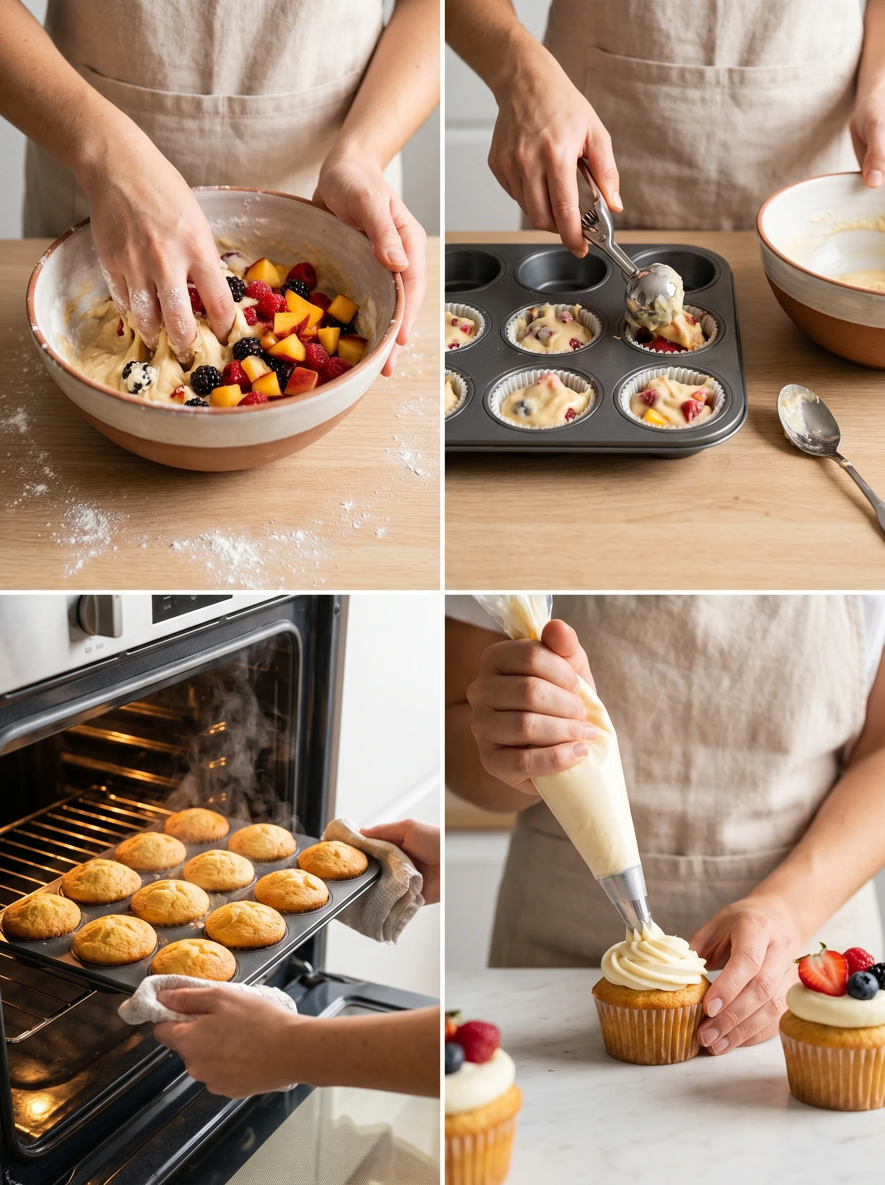 Fruit Cupcakes step by step baking process in a home kitchen