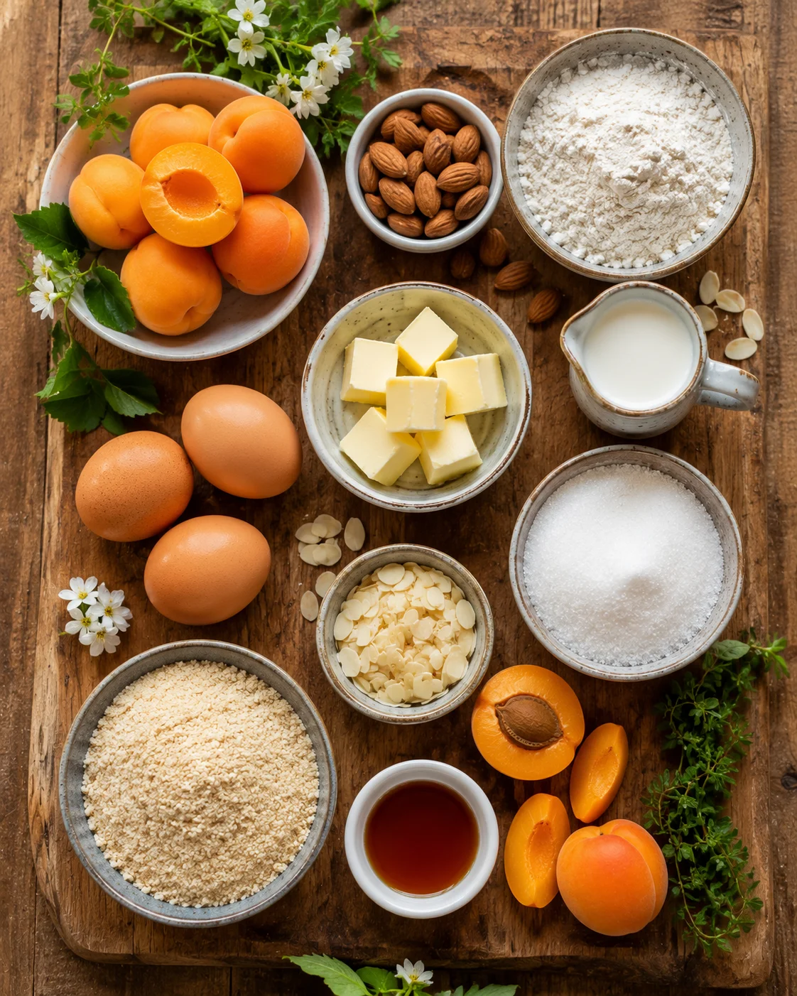 G&acirc;teau Abricot Amande ingredients laid out on a wooden kitchen counter