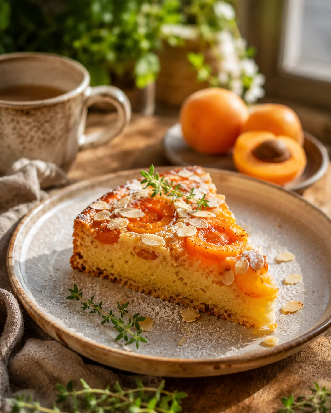 G&acirc;teau Abricot Amande served on a white plate with a dusting of powdered sugar