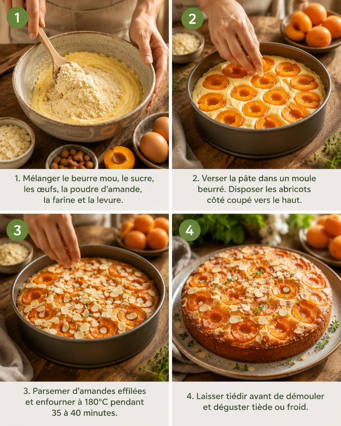 G&acirc;teau Abricot Amande step by step baking process in a home kitchen