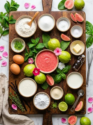 Guava Mousse Cupcakes ingredients laid out on a wooden kitchen counter