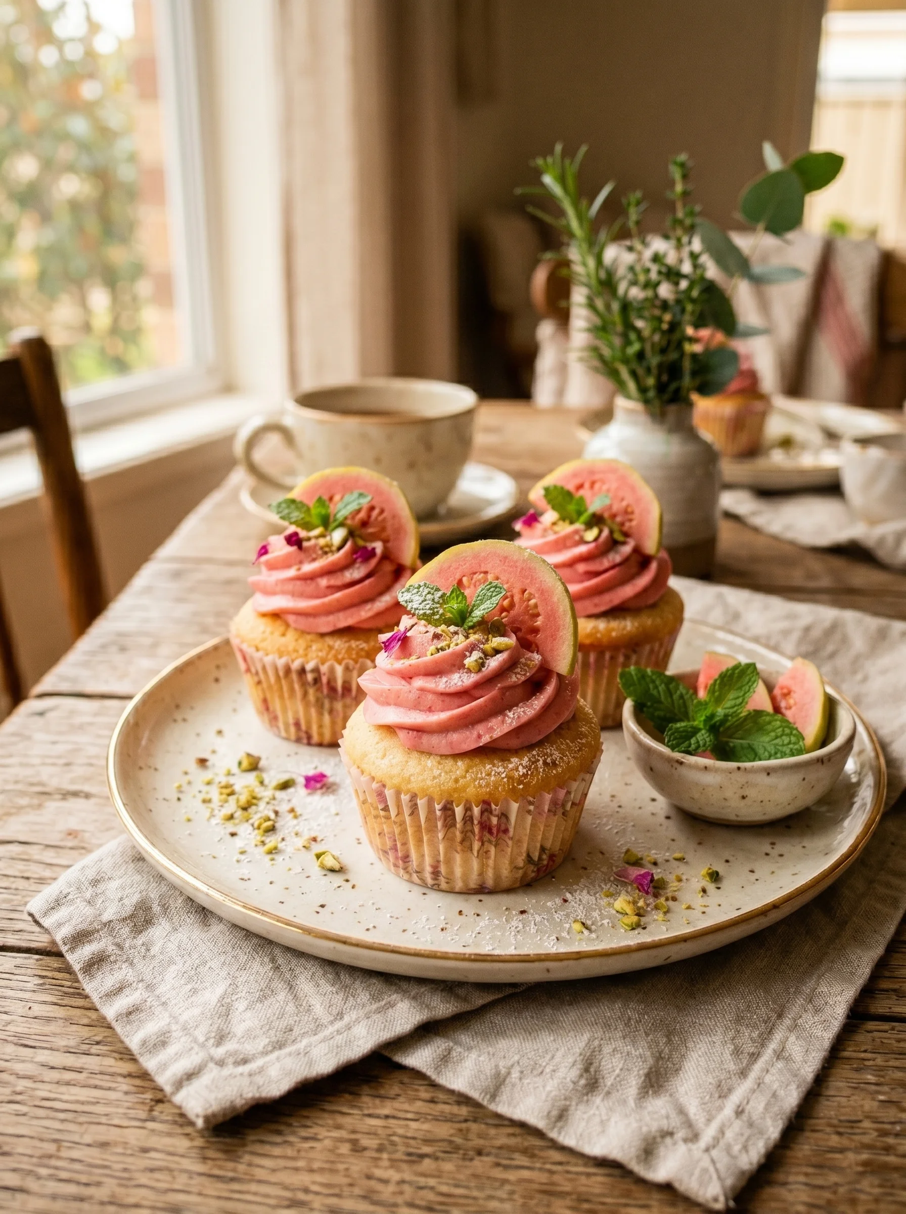 Guava Mousse Cupcakes served on a festive holiday platter with tropical garnishes