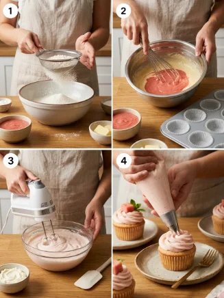 Guava Mousse Cupcakes step by step assembly and frosting process
