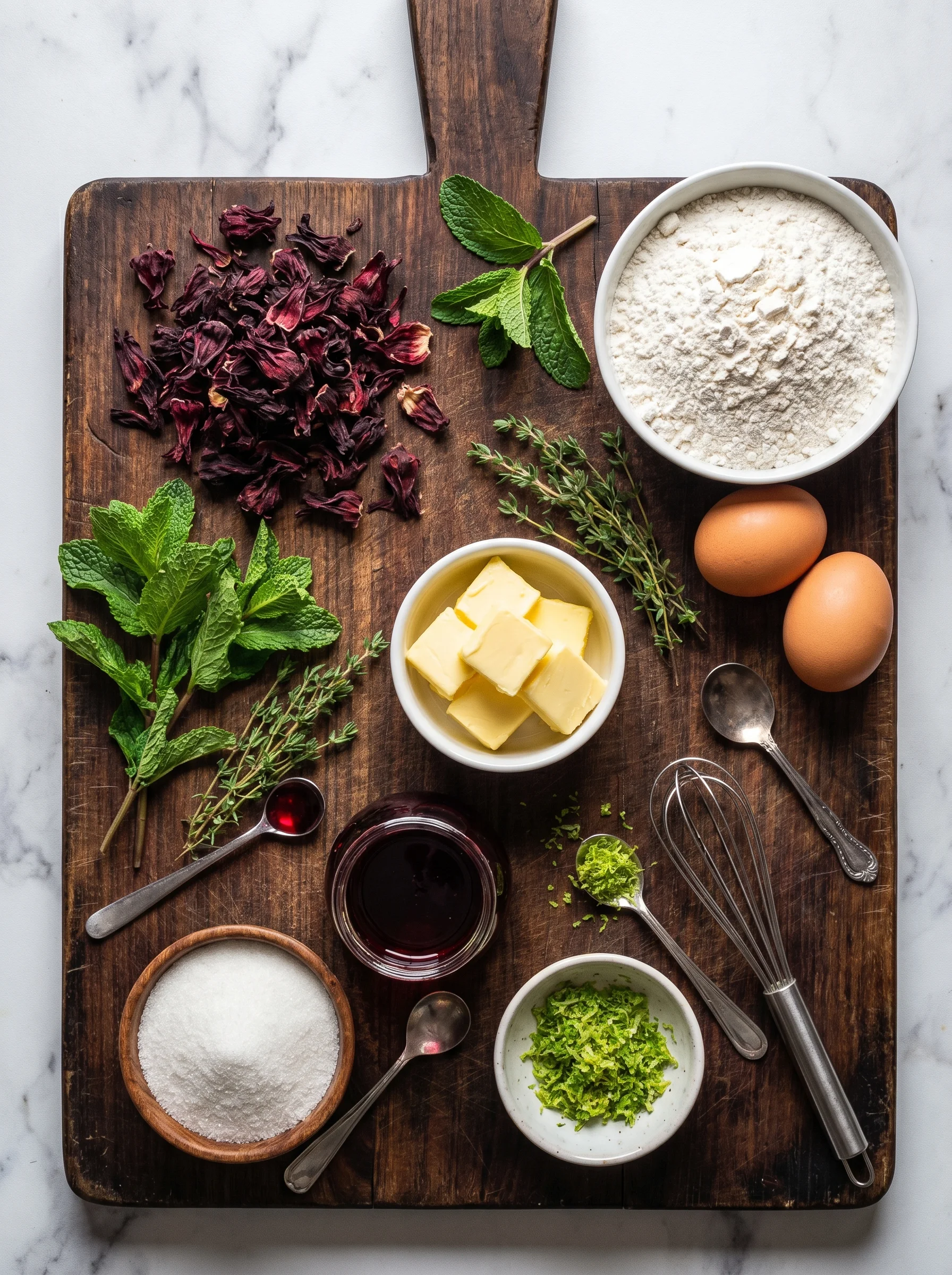Hibiscus Cupcakes ingredients laid out on a wooden kitchen counter