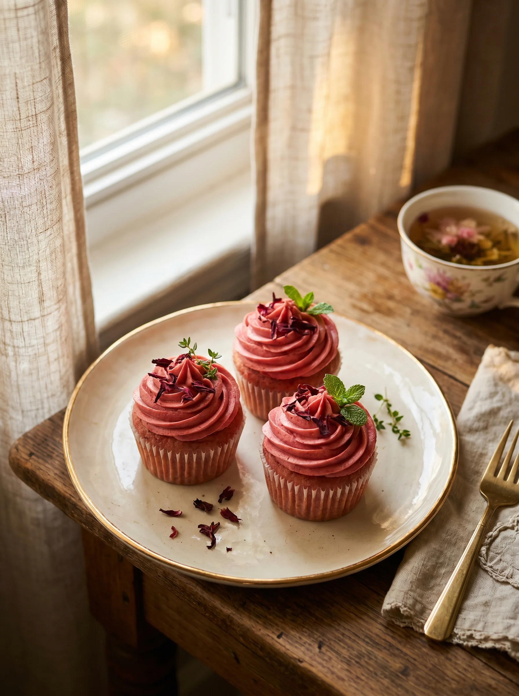 Hibiscus Cupcakes served on a white marble board with edible flowers