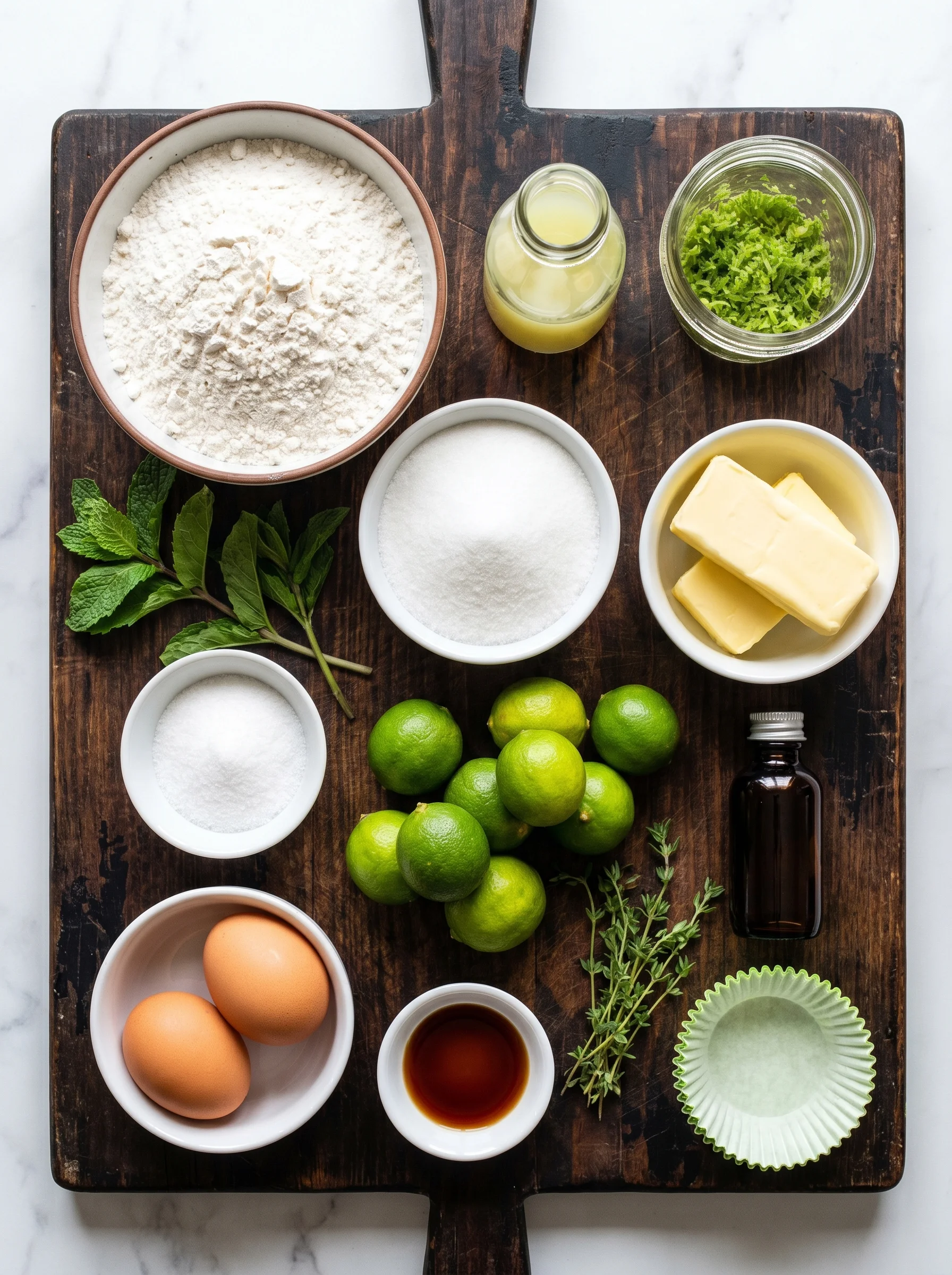 Key Lime Cupcakes ingredients laid out on a marble countertop