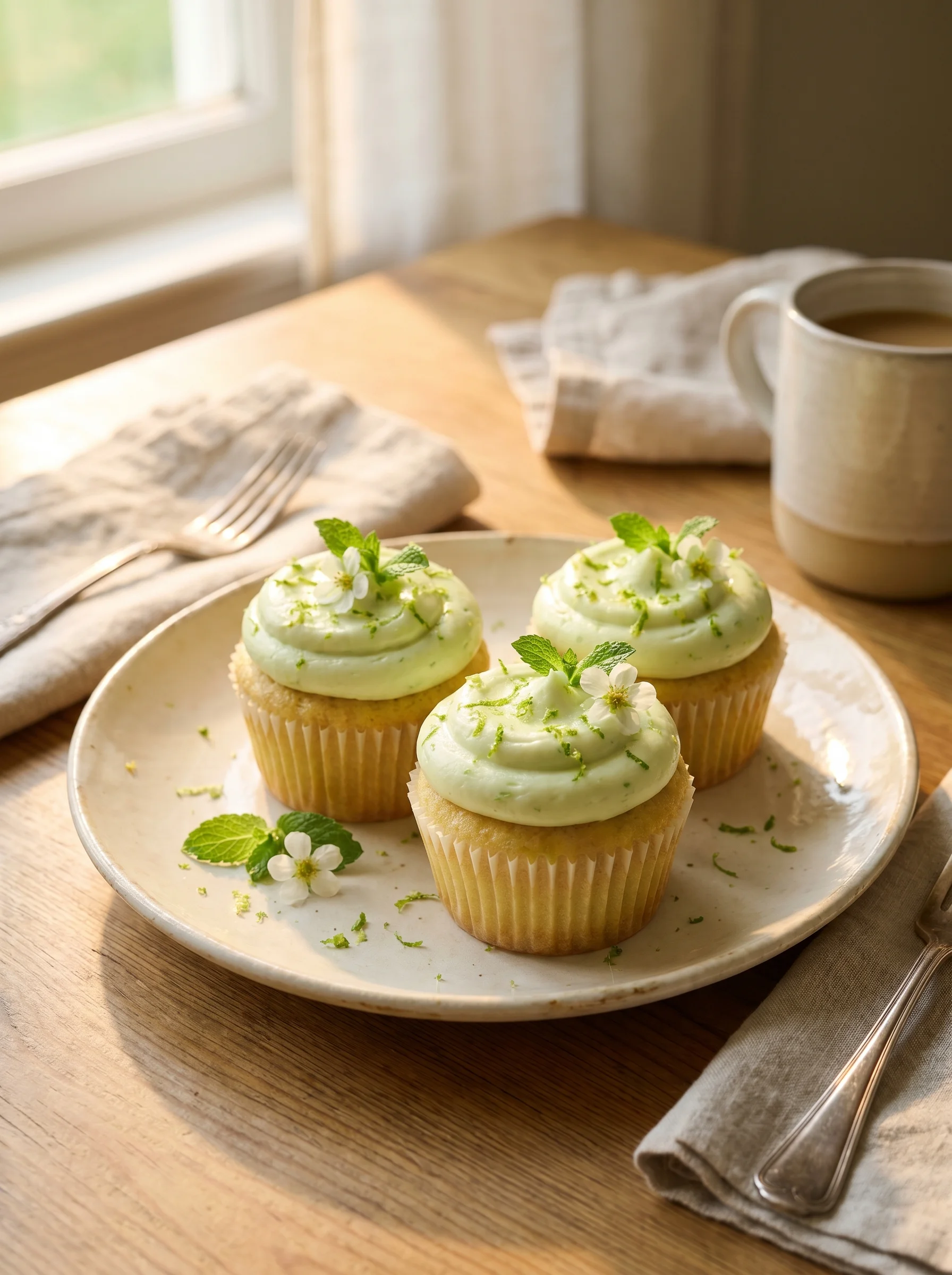 Key Lime Cupcakes served on a spring table with flowers and limes
