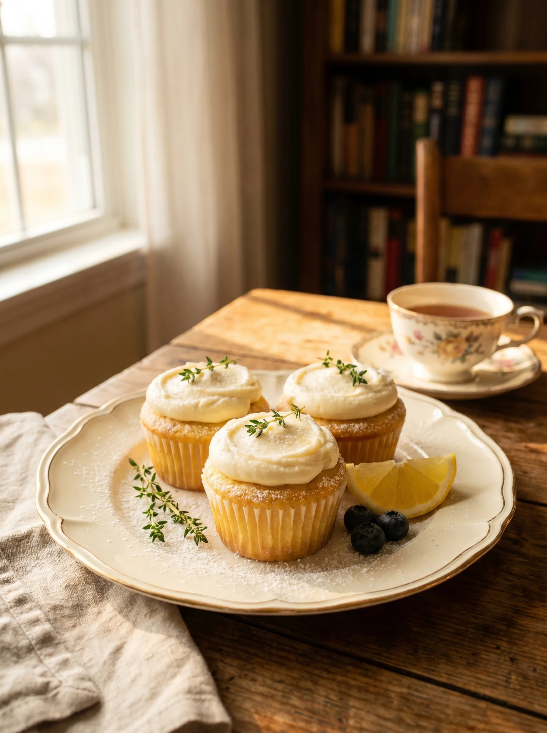 Lemon Cupcakes served on a rustic wooden board with lemon slices and edible flowers