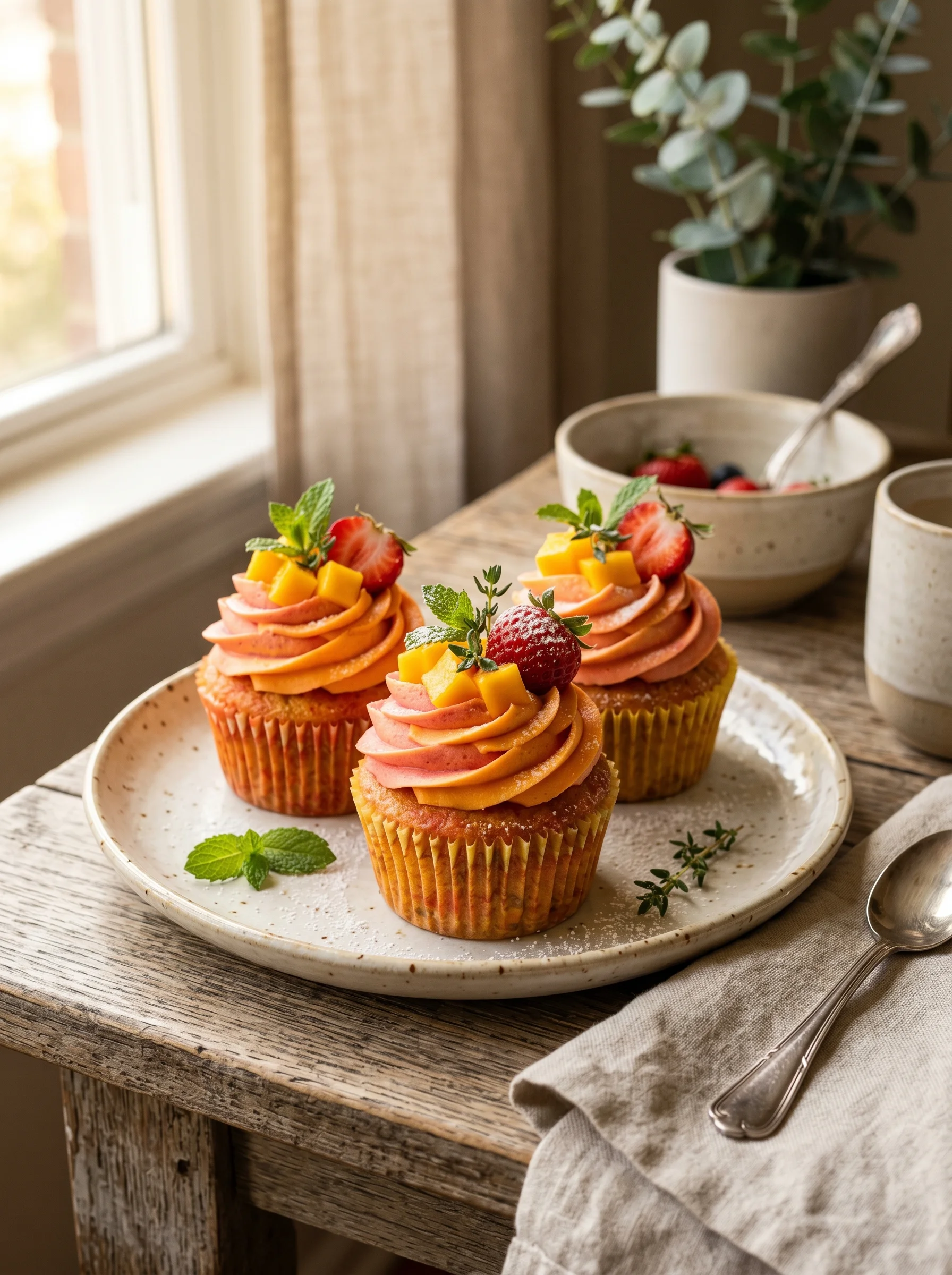 Mango Strawberry Sunset Cupcakes served