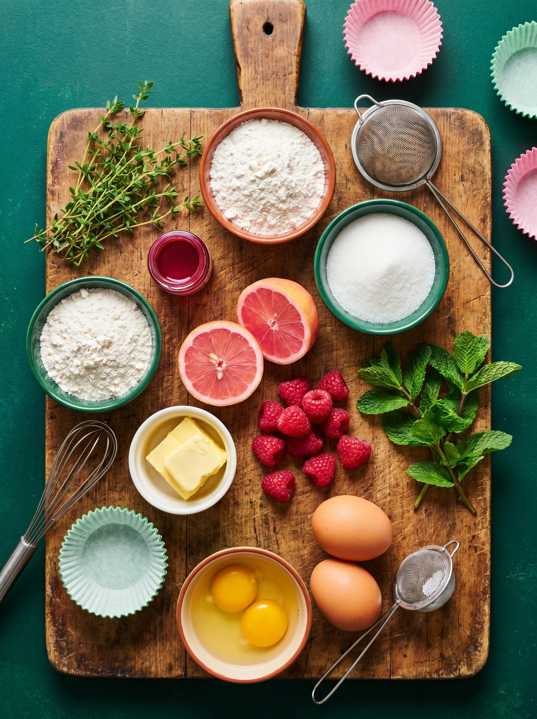 pink lemon cupcake ingredients laid out on a white kitchen counter