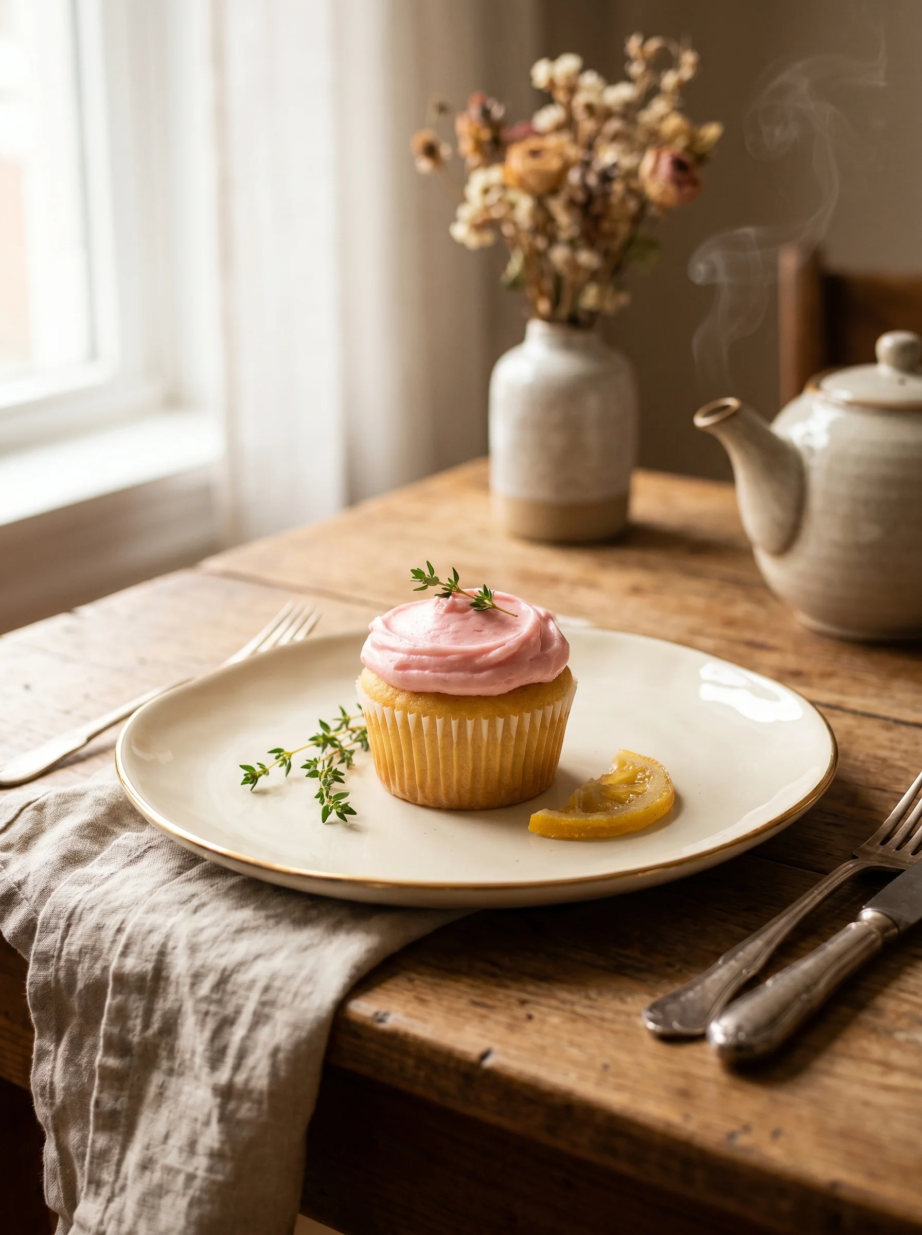 pink lemon cupcake served on a spring table with edible flowers