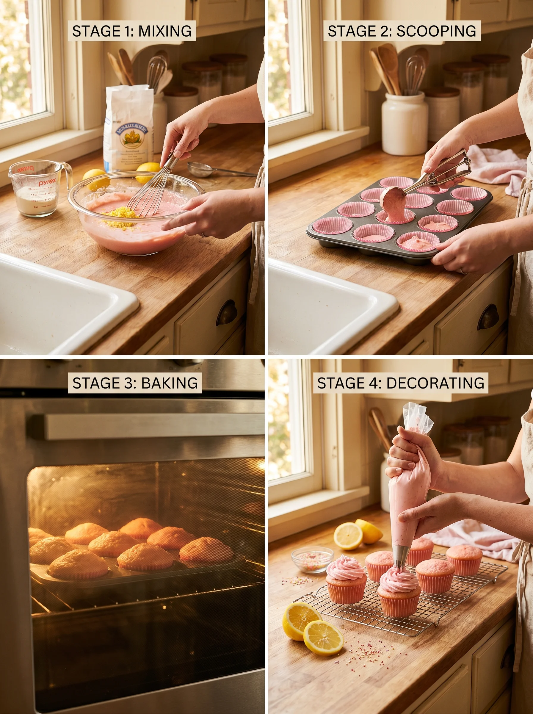 pink lemon cupcake step by step baking process