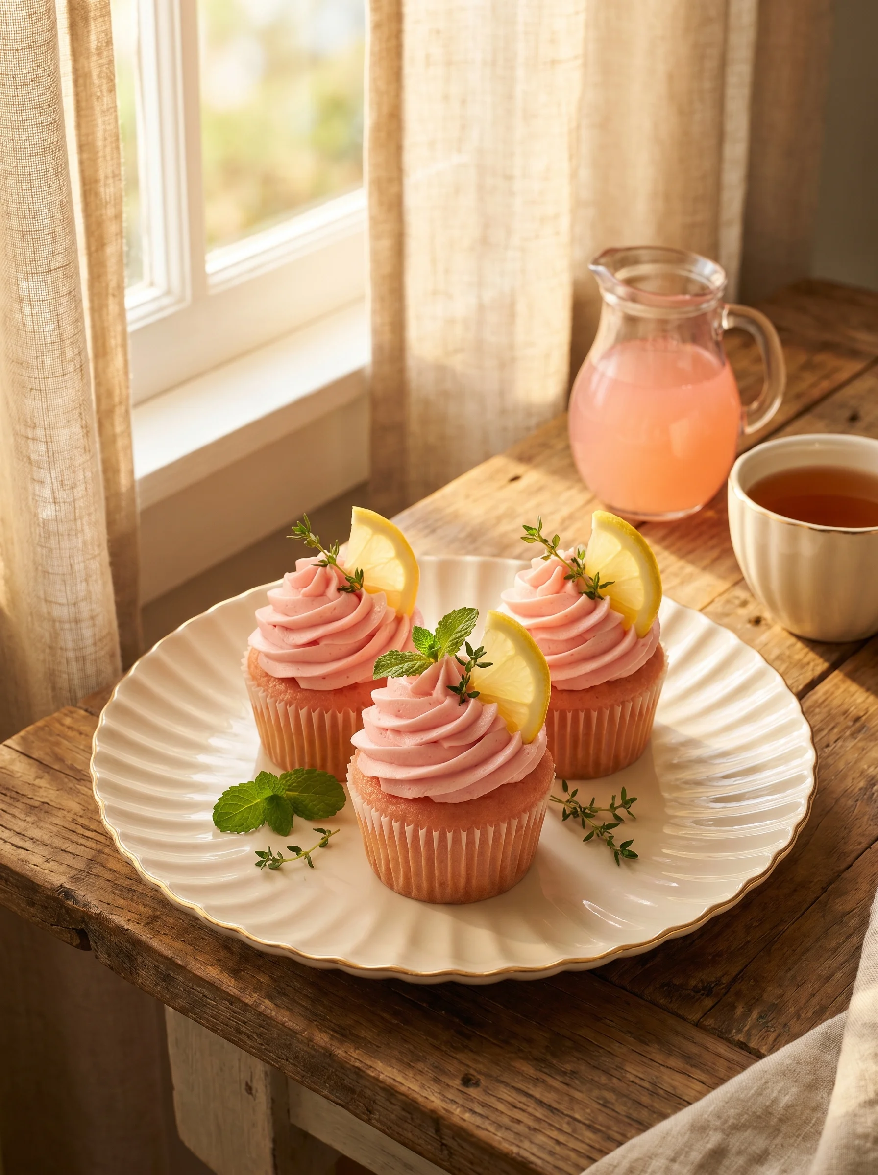 Pink Lemonade Cupcakes served on a white cake stand with lemon garnish