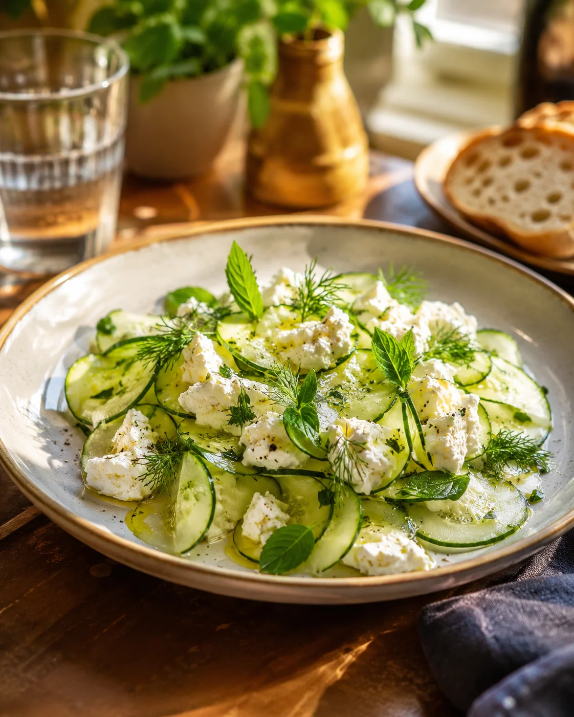 Salade concombre fromage frais served