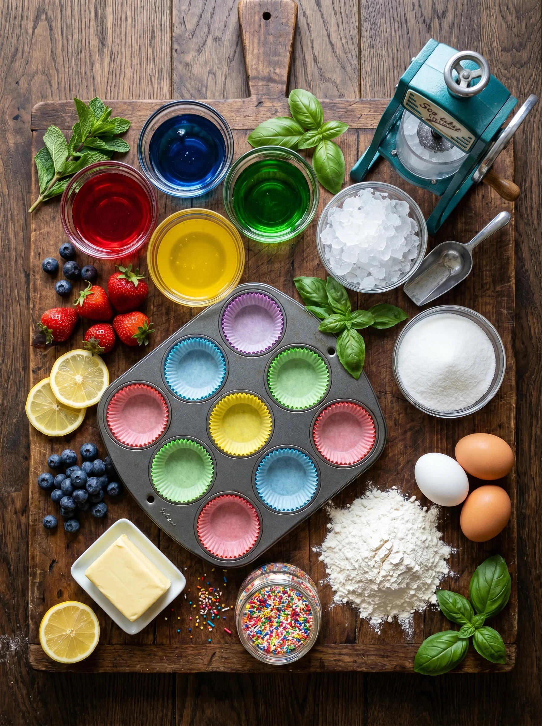 Snow Cone Cupcakes ingredients laid out on a bright kitchen counter