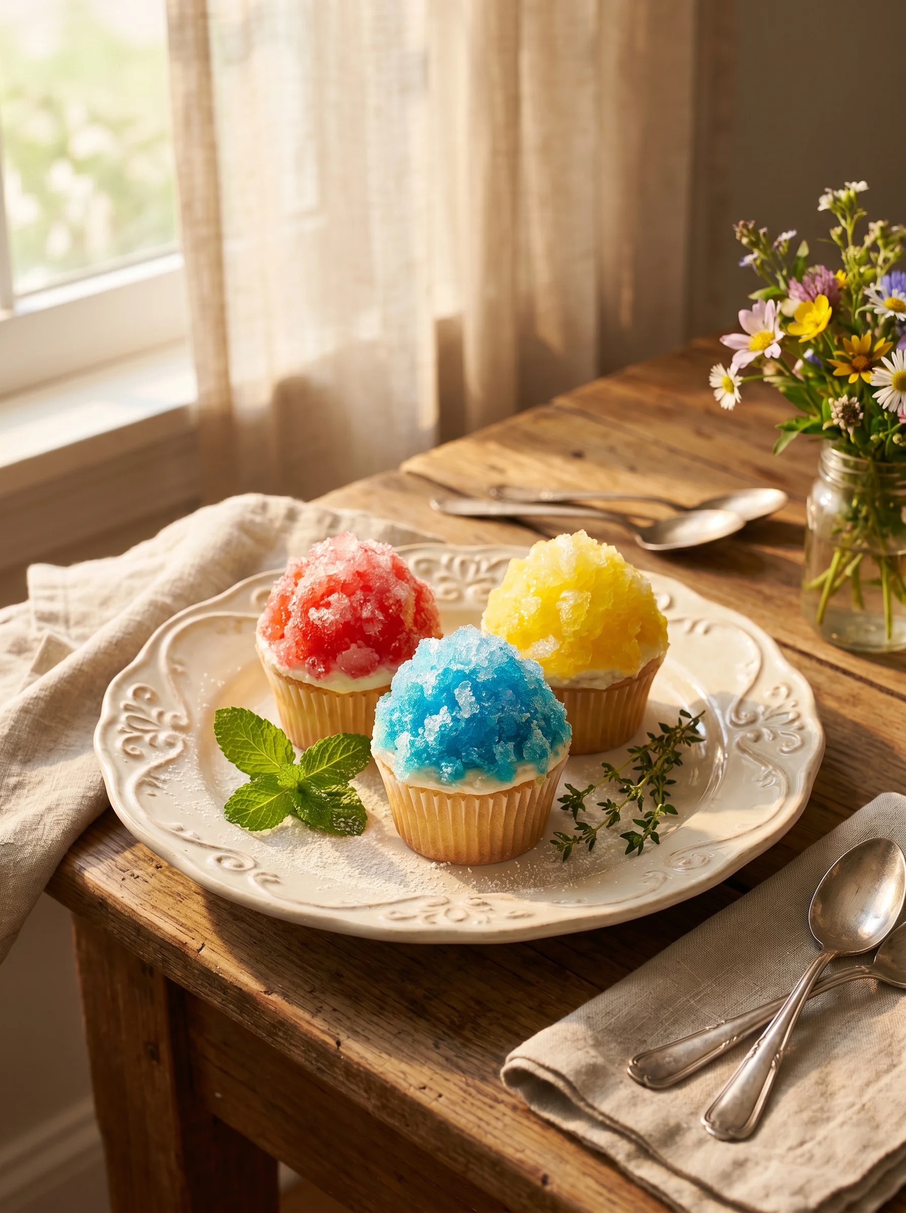 Snow Cone Cupcakes served on a colorful summer party table