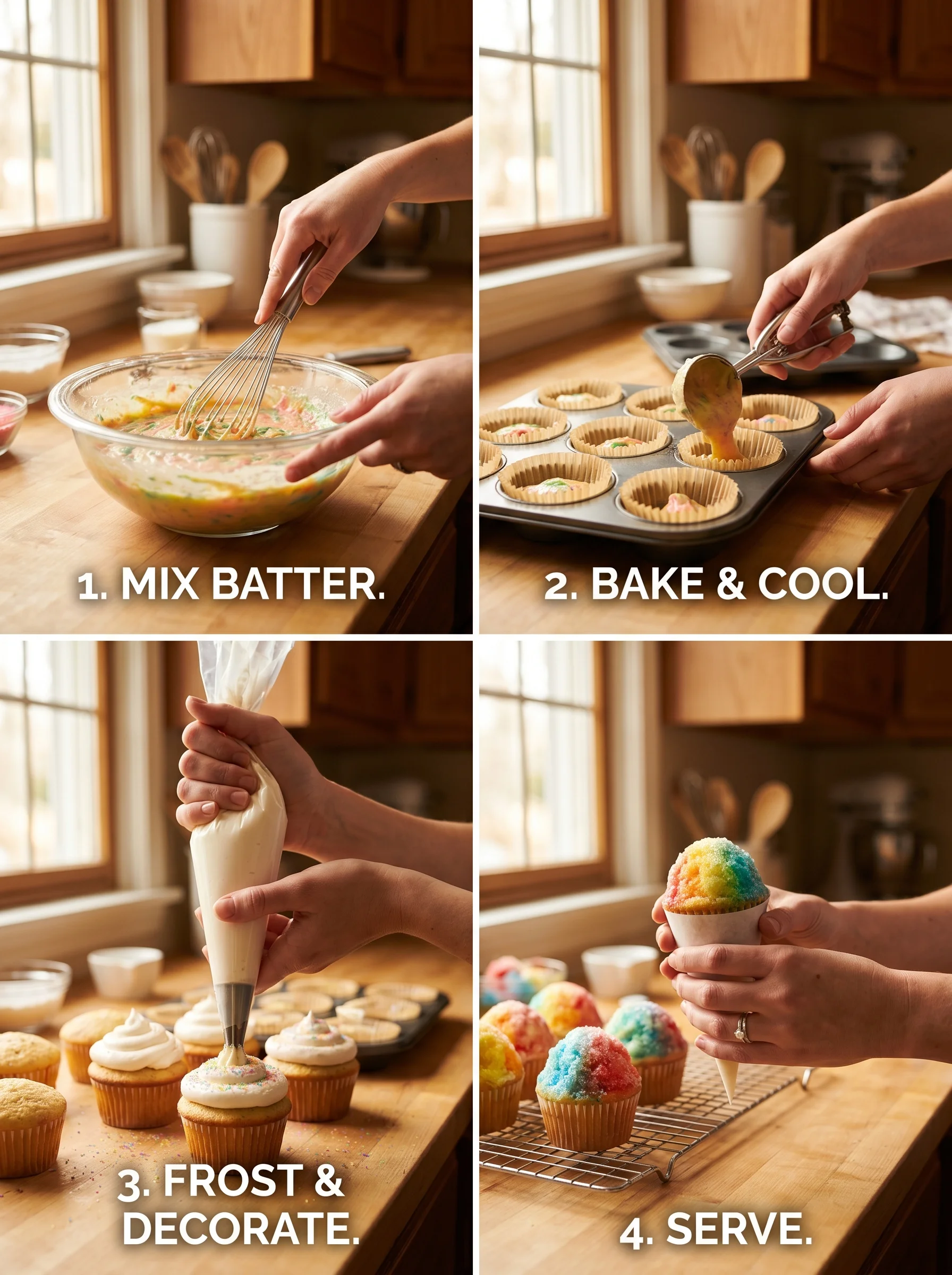 Snow Cone Cupcakes step by step assembly on a white marble counter
