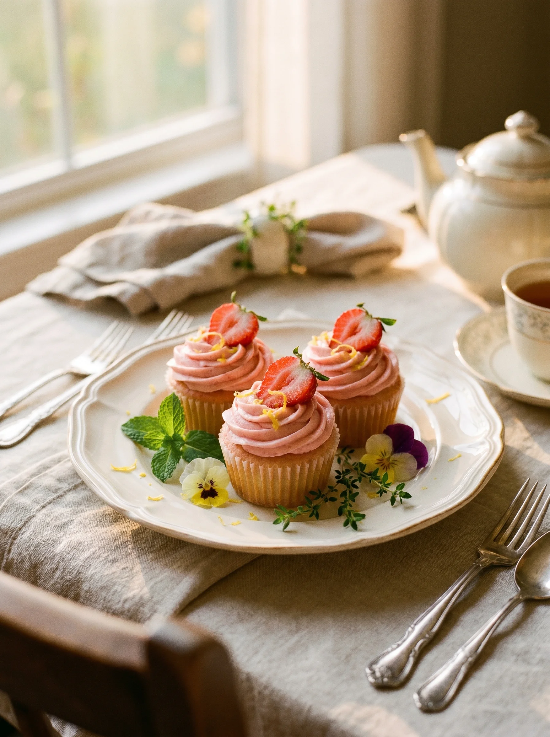 Strawberry Lemonade Cupcakes served on a summer party table