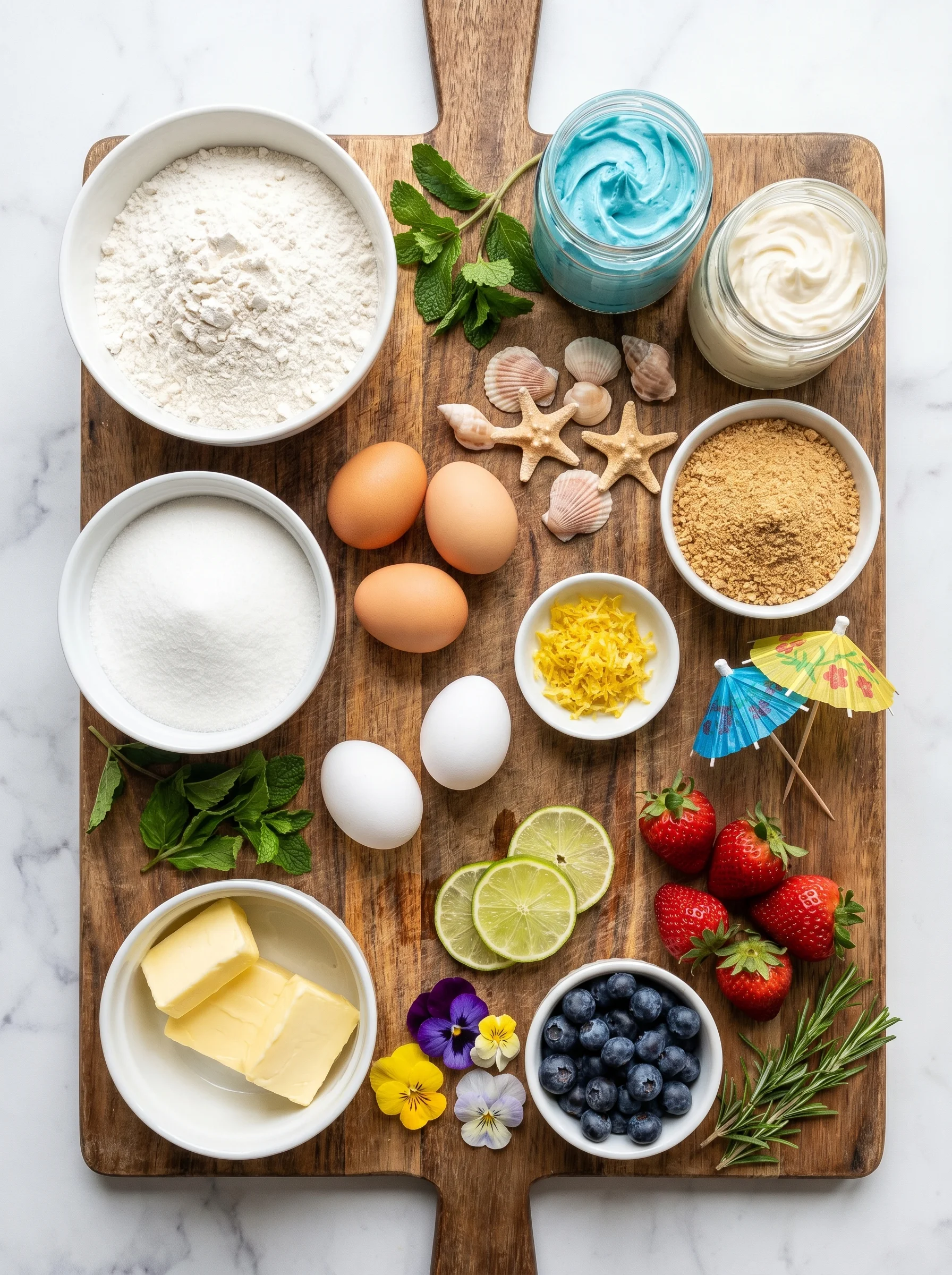 Summer Beach Party Cupcakes ingredients laid out on a bright kitchen counter