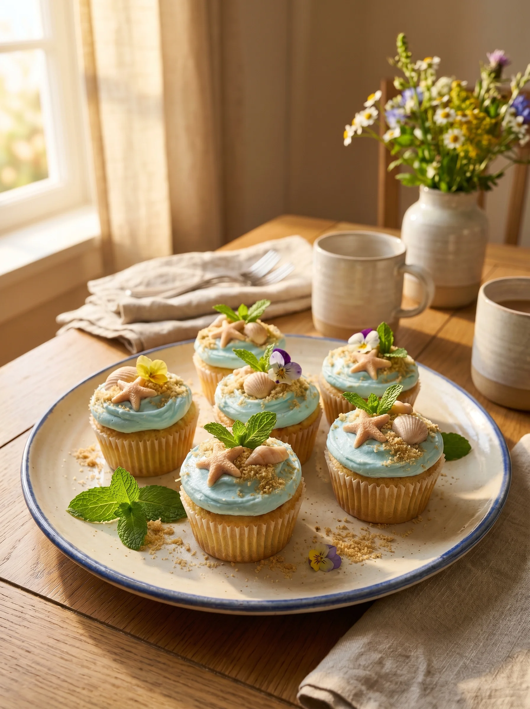 Summer Beach Party Cupcakes served on a sandy wooden board with seashells and umbrellas