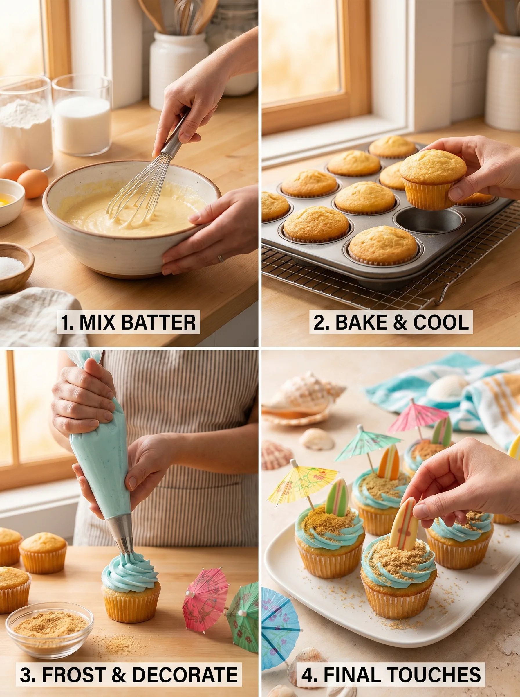 Summer Beach Party Cupcakes step by step decorating process