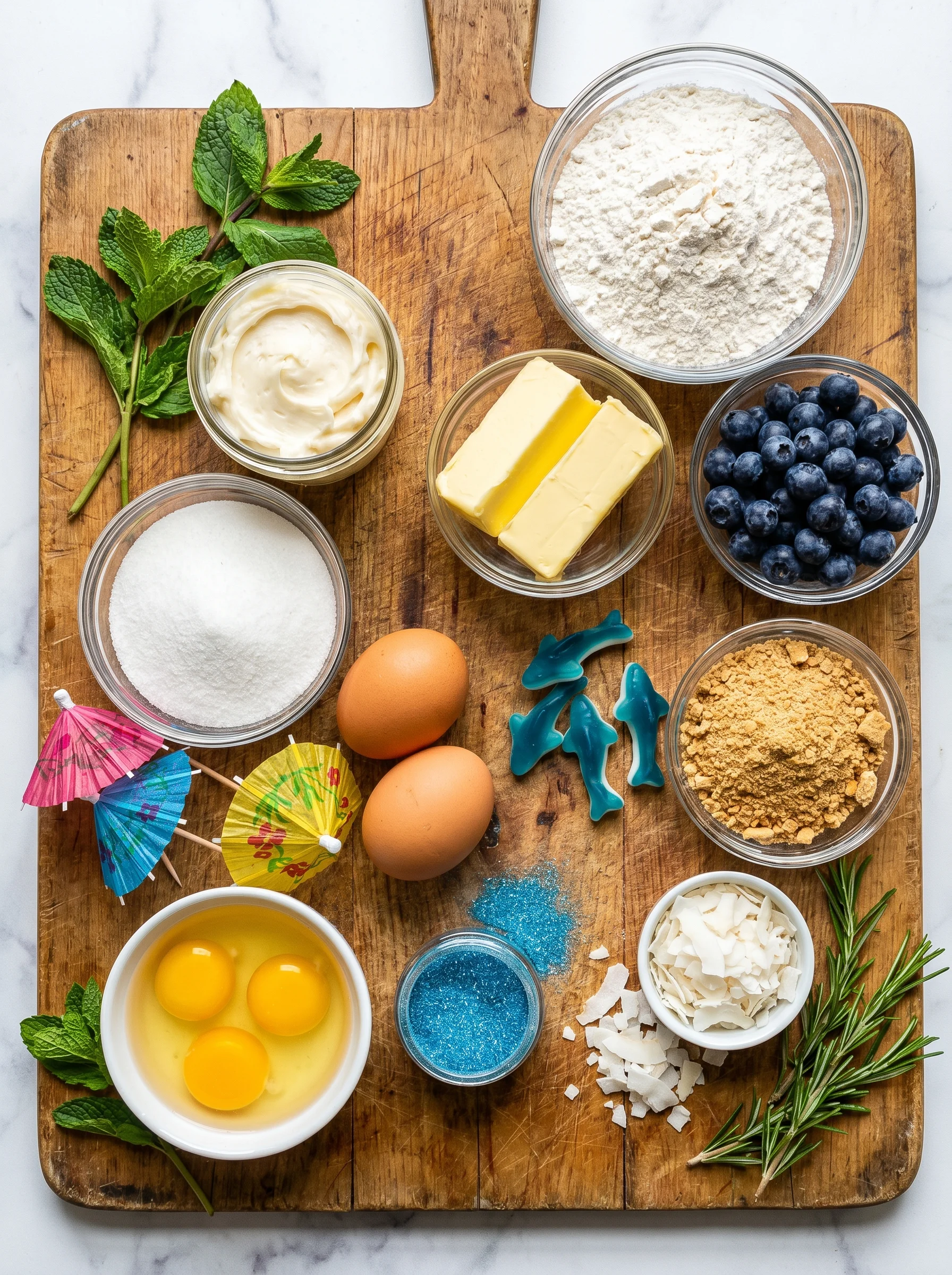 Summer Themed Beach Cupcakes ingredients laid out on a wooden table