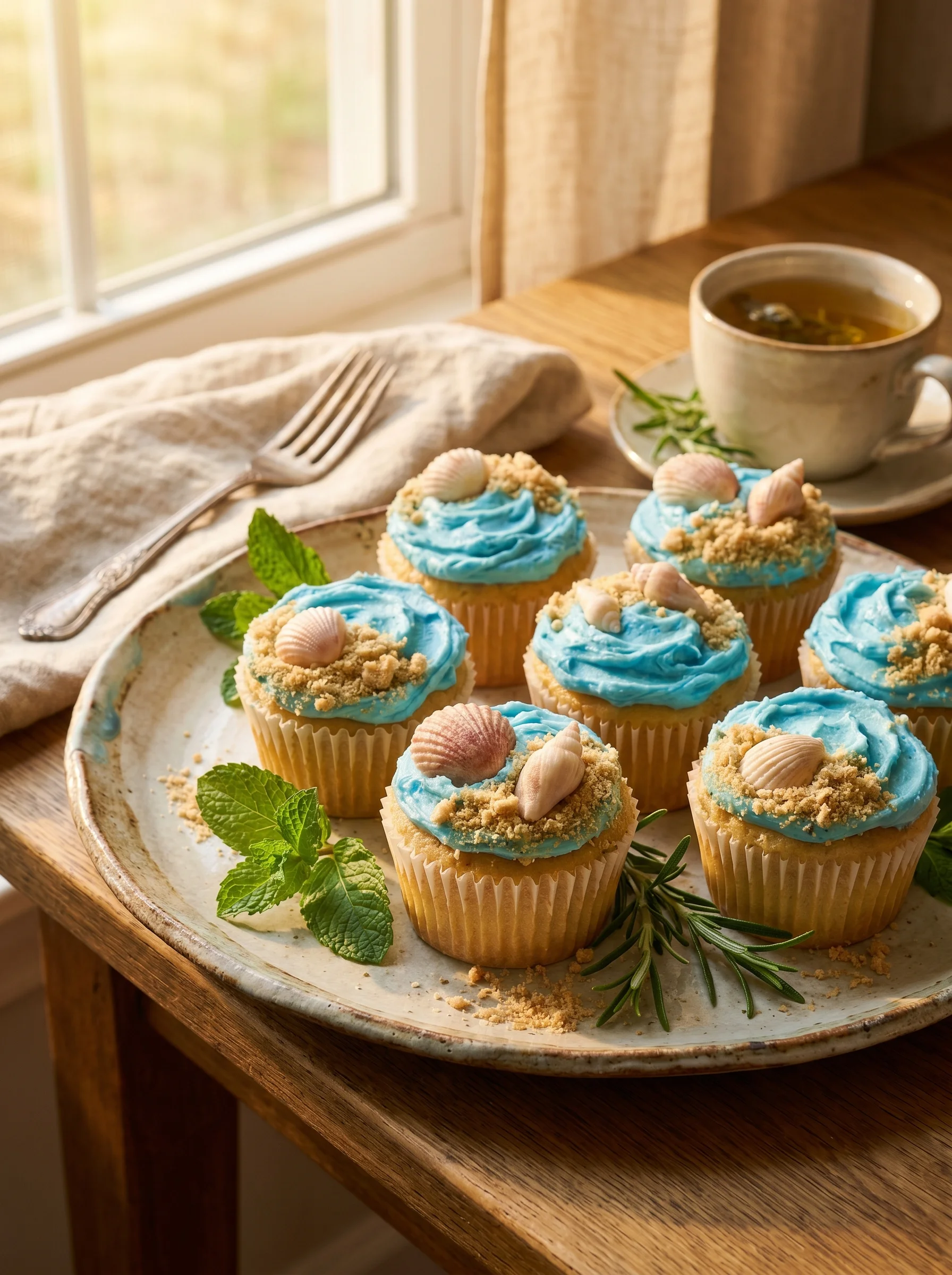 Summer Themed Beach Cupcakes served on a decorated party table
