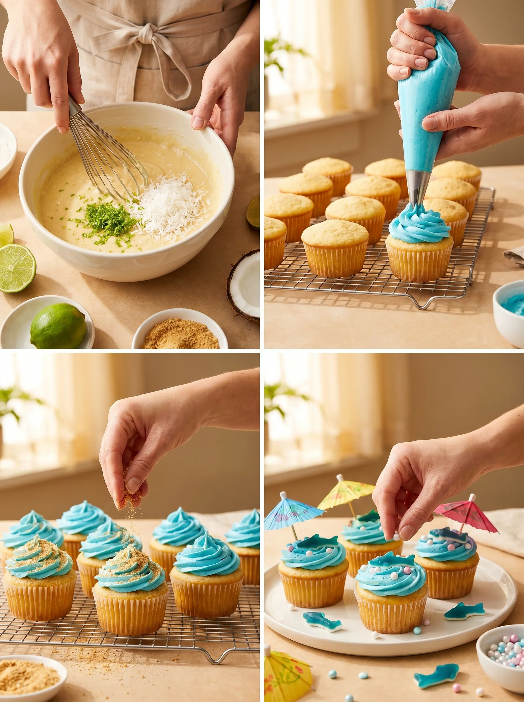 Summer Themed Beach Cupcakes step by step decorating process