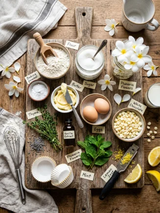 White Plumeria Cupcakes ingredients laid out on a marble countertop