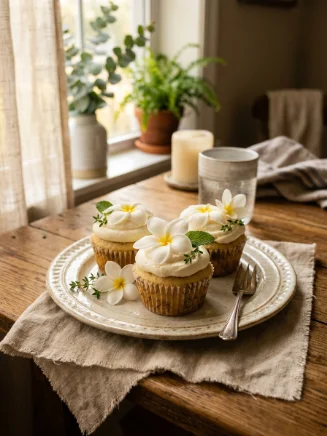 White Plumeria Cupcakes served on a white cake stand with tropical floral decoration