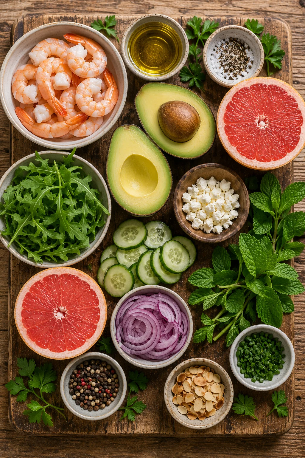 avocado shrimp grapefruit salad ingredients laid flat on a wooden board